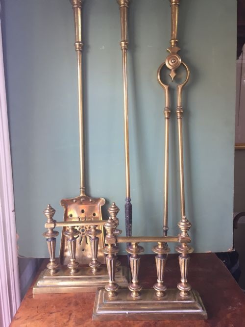 Set of 3 Late C19th Brass Fire-irons or Fire-side Tools ,Together with a Pair of Hearth-rests .