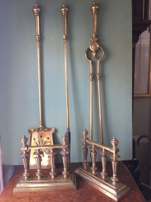 fig 1. Set of 3 late C19th brass fire-irons or fire-side tools ,together with a pair of hearth-rests .