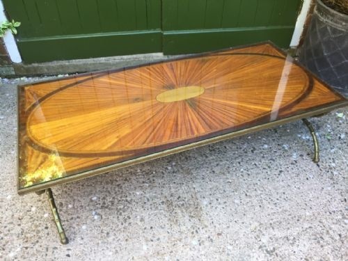 Early C20th Brass-framed Inlaid Marquetry Top Coffee Table on 'Faux' Bamboo Style Base.