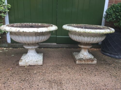 Large Pair of Early C19th Cast-iron Terrace / Garden Vases or Urns of Campana Form .
