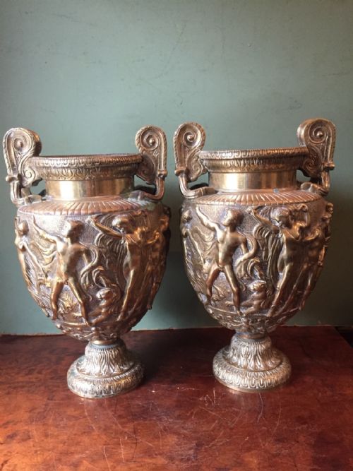 Pair of Mid C19th Gilded Brass 'Grand Tour' Souvenir Volute Krater Vases , Known as "The Townley Vase".