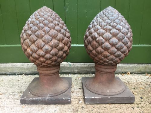 Large Pair of Decorative Late C19th Cast Stone-ware or Terracotta Finials Modelled as Pine Cones or Acanthus Flower Buds.