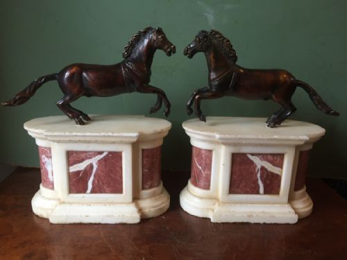 Pair of C19th Baroque Style Bronze Galloping Horse Studies on Marble Plinth Bases in the Manner of Francesco Fanelli .
