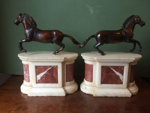 fig 1. Pair of C19th Baroque style bronze galloping horse studies on marble plinth bases in the manner of Francesco Fanelli .