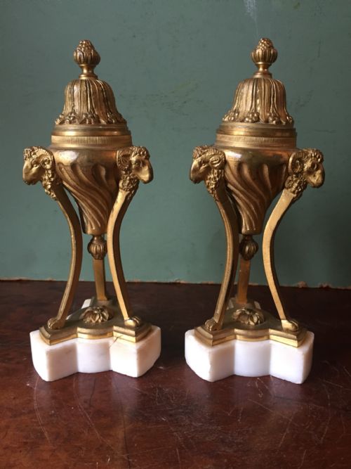 Pair of C19th Gilt Bronze Cassolettes of Neo-classical Design on White Marble Bases.