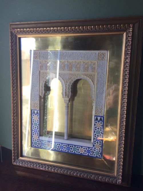 Early C20th Framed Gesso or Stucco Polychrome Decorated Architectural Plaque from Alhambra .