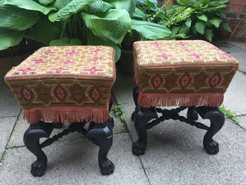 fig 1. Interesting pair of mid C19th ebonised frame stools with needlework covers, in the C17th Indo-Portuguese Colonial style.