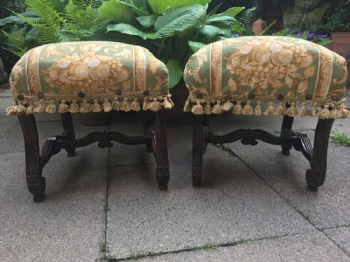 fig 1. Pair of C19th Louis XIV period style carved frame walnut stools.