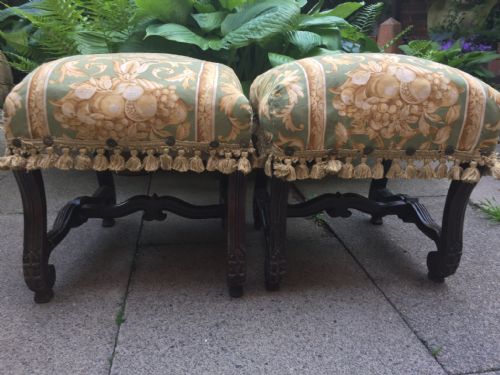 Pair of C19th Louis Xiv Period Style Carved Frame Walnut Stools.
