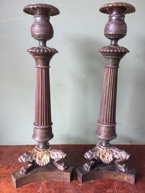 Pair of Early C19th French Charles X Period Bronze Empire Design Candlesticks.