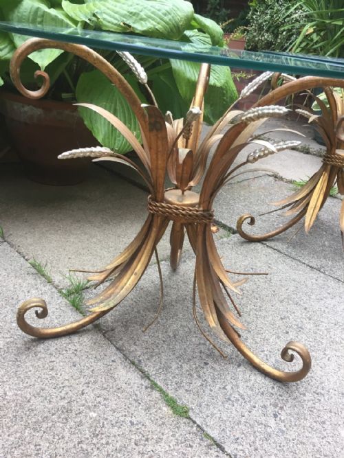 fig 1. Pair of early C20th gilded and silvered metal 'wheatsheaf' based occasional tables with circular plate glass tops.