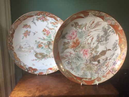 Pair of Late C19th/early C20th Japanese Meiji Period Kutani Porcelain Dishes or Chargers .