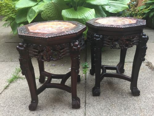 Pair of Late C19th Chinese Qing Dynasty Carved 'Hongmu' Octagonal Marble Top Jardiniere Stands or Wine/end Tables.