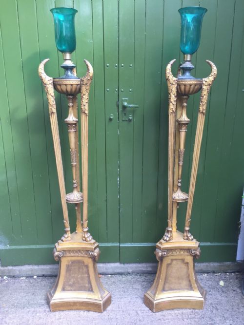 fig 2. Impressive pair of early C20th giltwood floor-standing candle-lamps or torcheres in the C18th neo-classical Adam style.