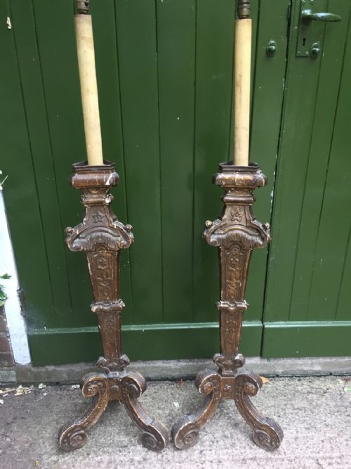 Pair of C18th Italian Gilt-wood Altar Type Candlestick Lamps .
