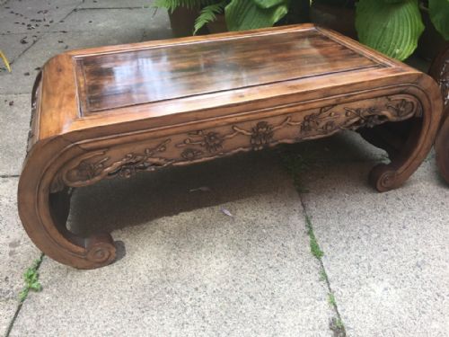fig 1. Scarce matching pair of late C19th Chinese Qing Dynasty carved hardwood or hongmu low 'kang' or opium style tables .