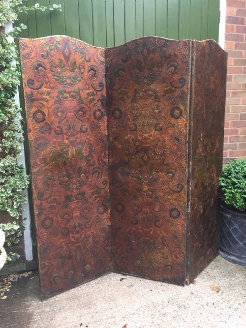 fig 1. Late C19th embossed leather 3-fold screen or room divider with arched top.