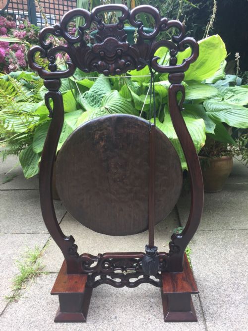 fig 1. Late C19th Chinese Qing Dynasty carved hardwood-framed bronze gong .