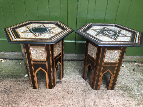 Decorative 'Matched' Pair of Late C19th Inlaid Syrian Hexagonal Side Tables .