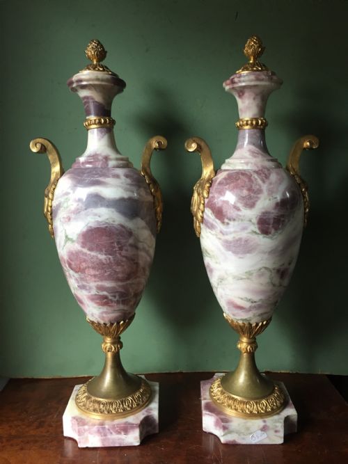 Pair of Elegant Late C19th/ Early C20th French Ormolu-mounted Marble Vases .