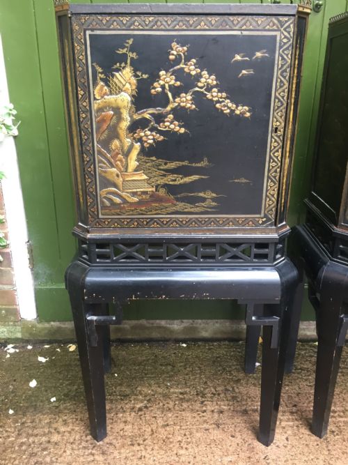 fig 1. Fine and decorative pair of C19th Chinoiserie lacquer cabinets-on-stands.