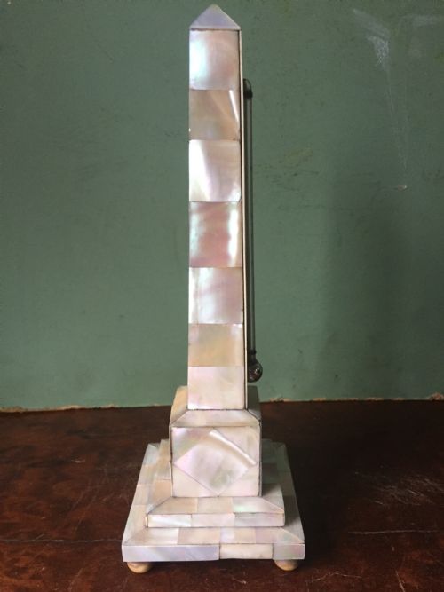 fig 1. C19th 'mother of pearl' or nacre-shell veneered desk-top obelisk thermometer 