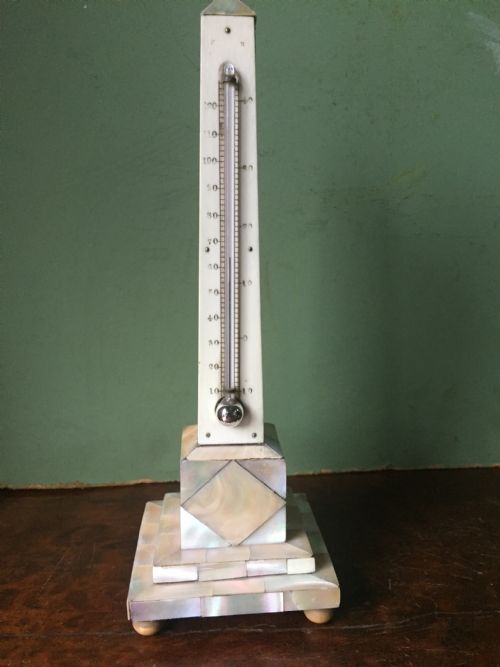 C19th 'Mother of Pearl' or Nacre-shell Veneered Desk-top Obelisk Thermometer