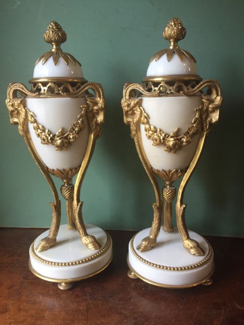 Pair of Late C19th/ Early C20th French White Marble and Ormolu Bronze Mounted Vases in the Neo-classical Style.