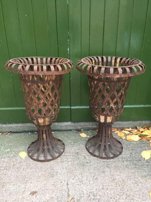 Decorative Pair of Early C20th French  Strap-iron Open Lattice-work Garden Vases of Campana Form .