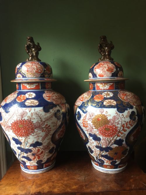 fig 1. Fine pair of C18th Japanese Imari pattern porcelain vases and covers.