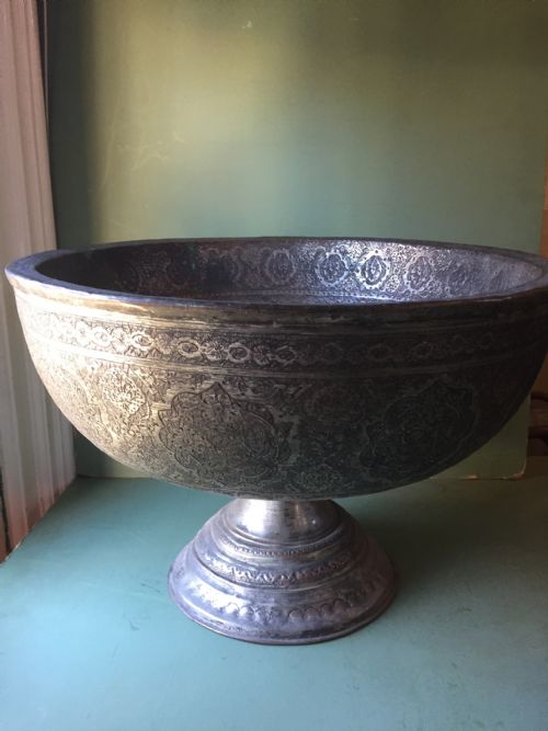 Large C19th Persian Qajar Dynasty 'Tinned Copper' Footed Bowl .