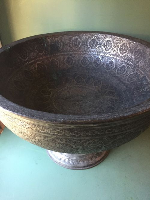 fig 1. Large C19th Persian Qajar Dynasty 'tinned copper' footed bowl .