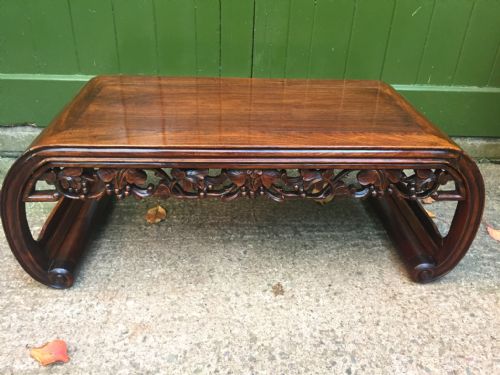 Late C19th/early C20th Chinese Qing Dynasty Carved Hardwood Low 'Kang' or Opium Table of Scroll-end Form.