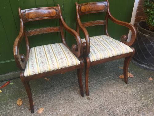 fig 1. Pair of early C19th Regency period mahogany sabre-leg armchairs .