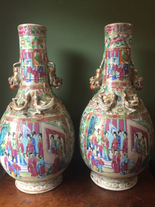 Pair of Late C19th Chinese Cantonese Porcelain Vases.