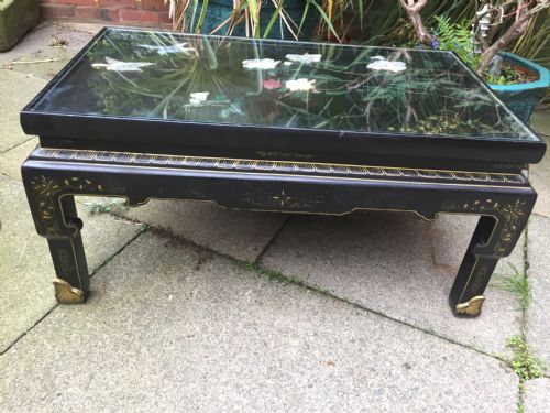 Early C20th Chinese Lacquer Coffee or Reception Room Table with Decorated Carved 'Soapstone' Relief Panel Top .