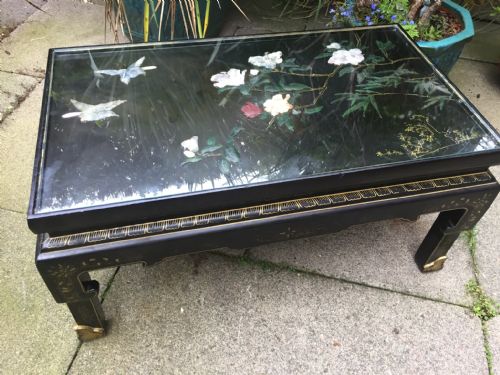 fig 1. Early C20th Chinese lacquer coffee or reception room table with decorated carved 'soapstone' relief panel top .