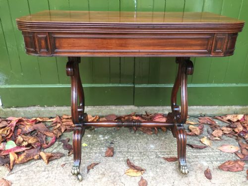 fig 2. Early C19th Regency period mahogany fold-over top tea-table on 'lyre' end supports.
