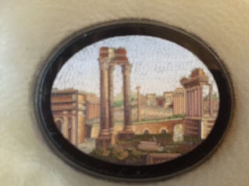 fig 1. C19th Italian 'Grand Tour' souvenir micro-mosaic panel paperweight set on a pale onyx marble base.