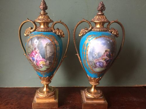 Pair of Late C19th French 'Sevres' Style Porcelain Vases with Ormolu Bronze Mounts.