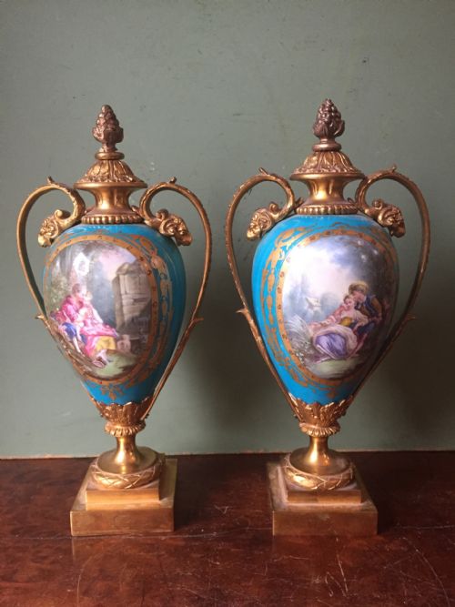 fig 1. Pair of late C19th French 'Sevres' style porcelain vases with ormolu bronze mounts.