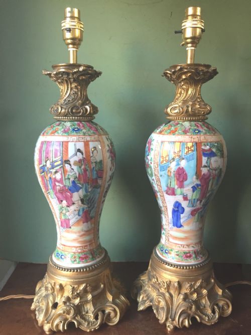 Pair of Mid C19th Chinese Ormolu-mounted Cantonese Porcelain Lamps.