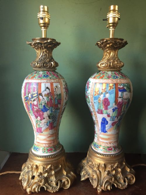 fig 1. Pair of mid C19th Chinese ormolu-mounted Cantonese porcelain lamps.
