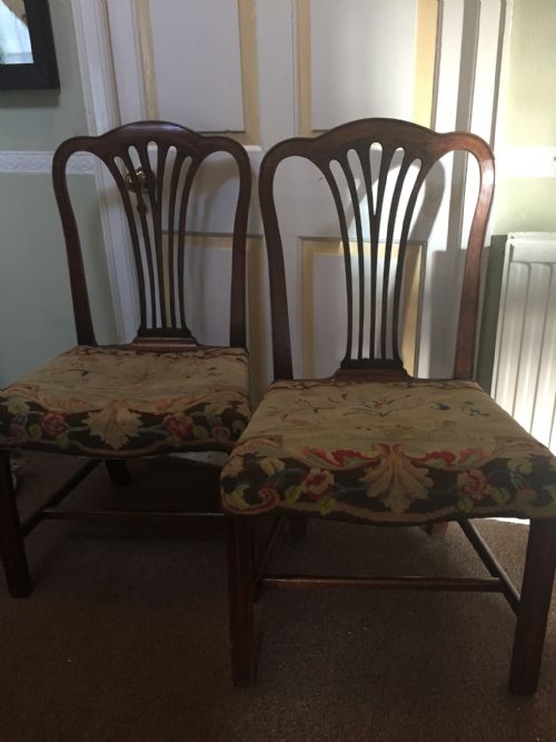Pair of C18th George III Period Mahogany Side Chairs with Original Needle-work Seat Covers .