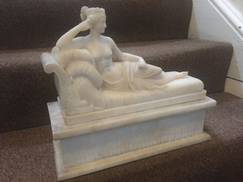 Fine and Decorative Group Comprising of a C19th Alabaster Sculpture After Antonio Canova of Paolina Borghese as "Venus Victrix" Together with a Pair of Framed Engravings.