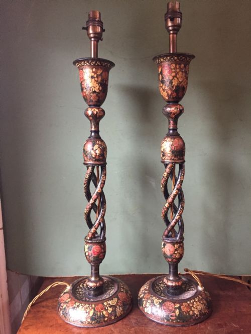 Pair of Late C19th Decorated Indian Kashmiri Lamps.
