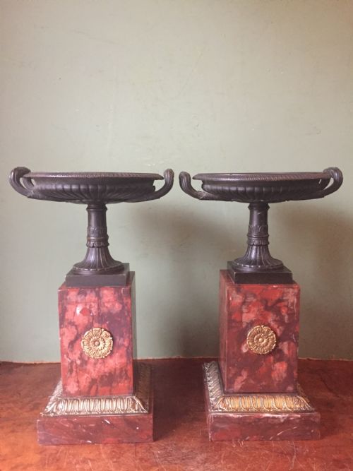Pair of Early C19th French Neo-classical Empire Design Bronze Tazzas on Ormolu-mounted Rouge Marble Vases.