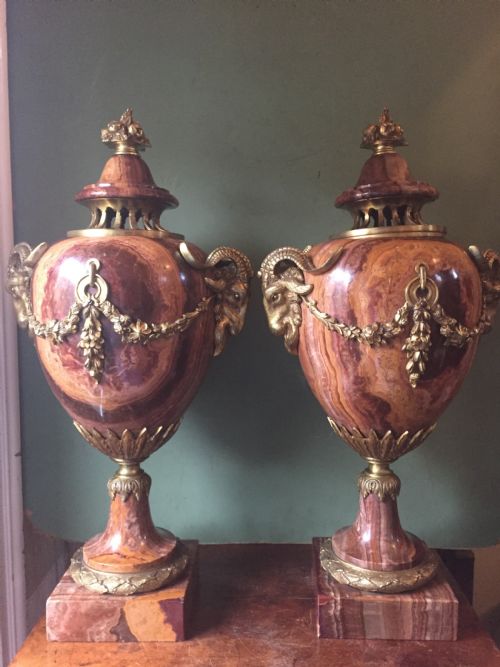 Spectacular Large Pair of French Late C19th Louis Xvi Style 'Alabastro Fiorito' Marble and Ormolu Bronze Mounted Vases.