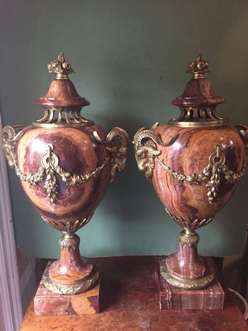fig 1. Spectacular large pair of French late C19th Louis XVI style 'alabastro fiorito' marble and ormolu bronze mounted vases.