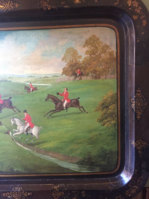 FINE AND RARE EARLY C19TH PAPIERMCH TRAY PAINTED WITH A LANDSCAPE HUNTING SCENE BY JENNENS BETTRIDGE - ADDITIONAL PHOTO 5